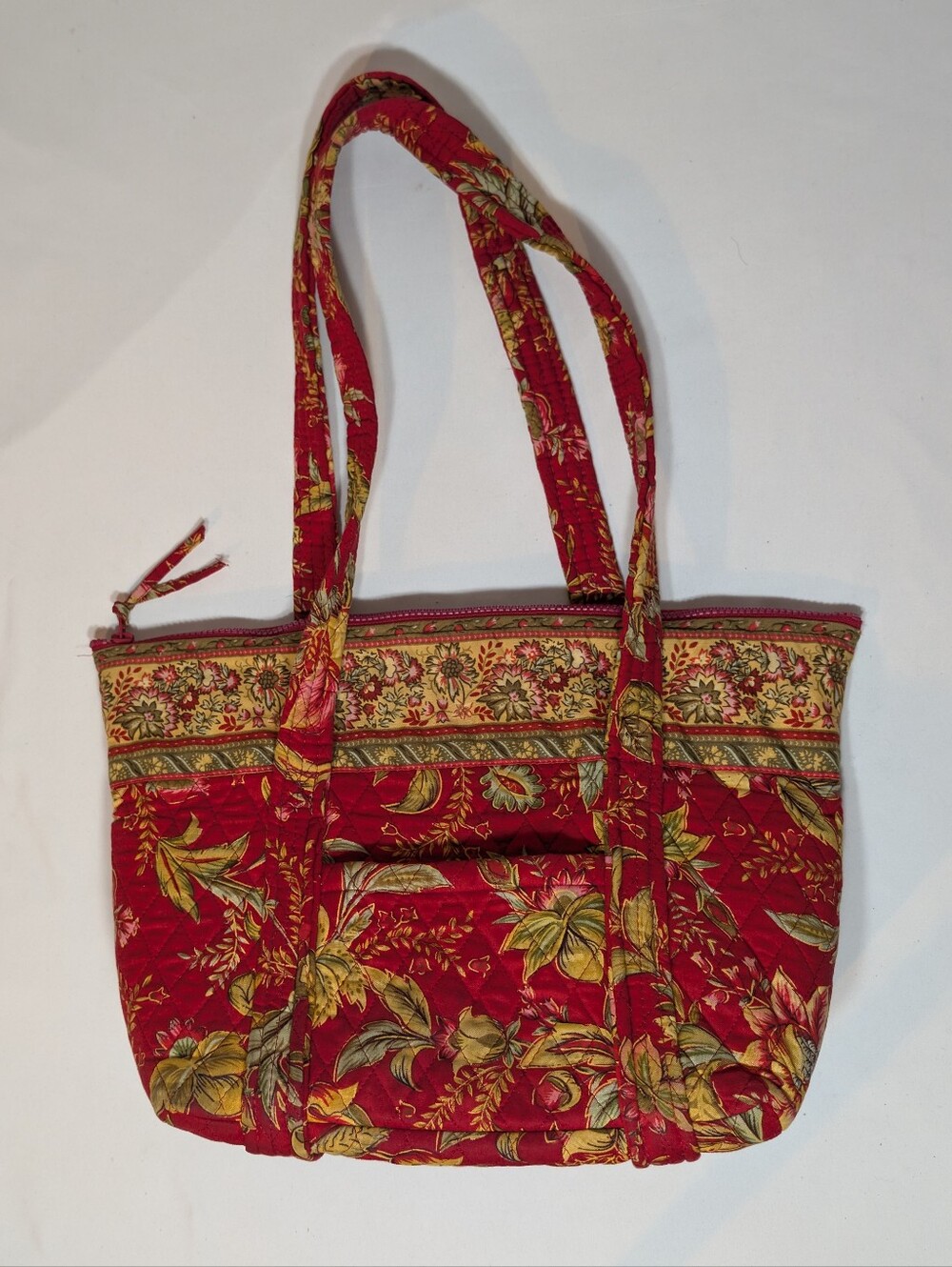 OK Red Beige Green Floral Tote Bag Double Handle Open Top Striped Lining Cloth